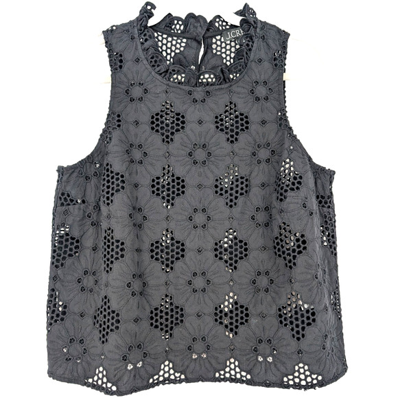 J Crew Womens Black Eyelet Floral Ruffle Neck Dark Coquette Sleeveless Top Small - Picture 2 of 9